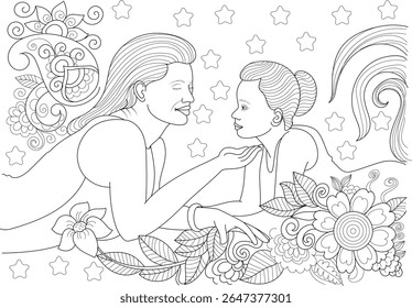 Elegante arte em linha com uma mãe amorosa e criança, rodeada por flores e estrelas detalhadas, ideal para uma experiência de coloração serena.