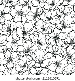 Elegant line art floral background. Seamless vector pattern of apple, cherry flowers. Hand drawn black and white illustration for design packaging,wedding invitations, textile, wallpaper, fabric