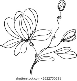 Elegant line art floral illustration, single flower with leaves.