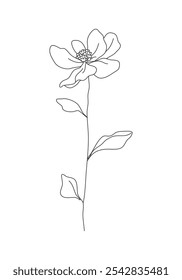 Flor de Arte de Linha Elegante: Uma ilustração elegante desenhada à mão de uma flor florescente, perfeito para decoração minimalista, convites e projetos de design botânico