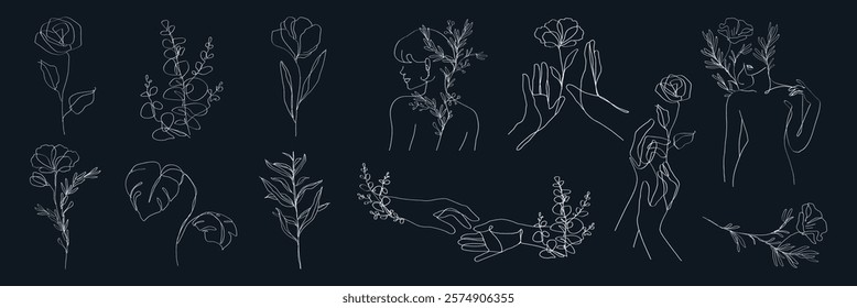 Elegant line art of flowers and hands. Delicate floral designs, showcasing roses and leaves. Minimalist line art, emphasizing natural beauty and simplicity. Cute hand drawn floral elements, vector set