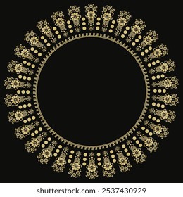 Elegant line art frame in Eastern style with gold floral and lace outlines. Intricate, symmetrical border with central text space, perfect for invitations and cards. Adds a refined, luxurious touch.