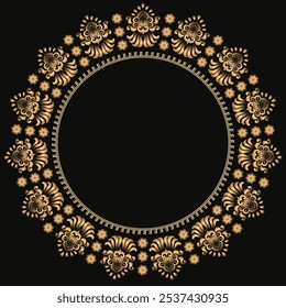 Elegant line art frame in Eastern style with gold floral and lace outlines. Intricate, symmetrical border with central text space, perfect for invitations and cards. Adds a refined, luxurious touch.