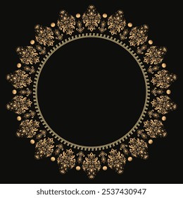 Quadro de arte de linha elegante em estilo oriental com contornos florais dourados e rendas. Borda simétrica intrincada com espaço de texto central, perfeito para convites e cartões. Adiciona um toque refinado e luxuoso.