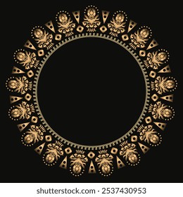 Elegant line art frame in Eastern style with gold floral and lace outlines. Intricate, symmetrical border with central text space, perfect for invitations and cards. Adds a refined, luxurious touch.