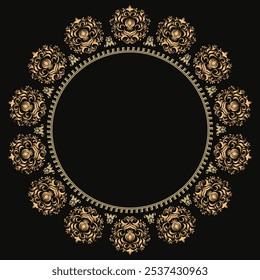 Elegant line art frame in Eastern style with gold floral and lace outlines. Intricate, symmetrical border with central text space, perfect for invitations and cards. Adds a refined, luxurious touch.