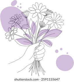 Elegant line art of a hand holding a bouquet of wildflowers, accented with soft purple abstract shapes. Perfect for spring, Women's Day, or botanical-themed designs.