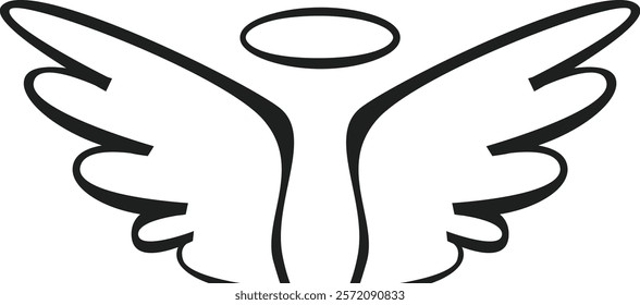 Elegant line art illustrating angel wings and a halo conveys themes of divine presence, innocence, and spiritual ascension, evoking feelings of purity and hope