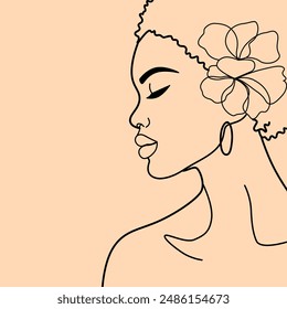 Elegant line art illustration of a beautiful woman with a flower in her hair, showcasing minimalist design and feminine beauty. Perfect for fashion, beauty, and lifestyle themes