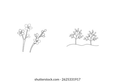 Elegant Line Art Illustration Of Cherry Blossoms And Small Trees