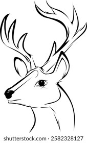 Elegant line art illustration of a deer head profile with majestic antlers. Minimalist black and white vector drawing featuring a side view of a buck with detailed antlers. Perfect for nature-themed d