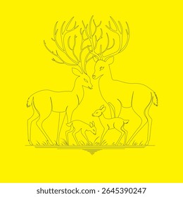 Elegant line art illustration of a deer family featuring two adult deer with antlers and two fawns. Minimalist black and white wildlife drawing, symbolizing nature, family, and harmony