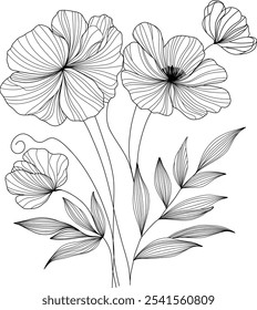 Elegant line art illustration of delicate poppy flowers and leaves. Minimalist, botanical style. Perfect for wall art, prints, textile design, and various nature inspired projects. 