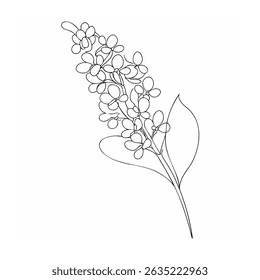 Elegant line art illustration of a delicate lilac flower blooming against a white background