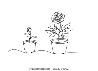 Elegante ilustração de arte de linha representando duas peônias em potes florescendo e brotando