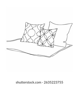 Elegant line art illustration featuring pillows with geometric patterns and relaxed aesthetic