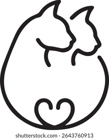 Ilustração de arte de linha elegante com dois gatos abraçando, perfeito para projetos com tema de animais de estimação e projetos de arte minimalista em um fundo preto.