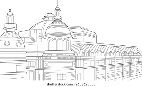 Elegante ilustração de arte em linha de um edifício histórico parisiense, capturando os detalhes arquitetônicos intrincados de suas cúpulas e da fa�ade clássica. Ideal para projetos de design, viagens e culturais.