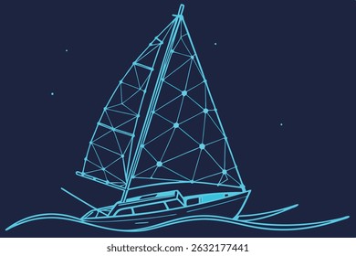 Elegant line art illustration of a sailing yacht floating on the calm sea at night