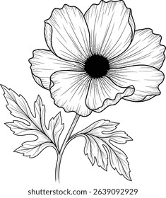 Elegant line art illustration of a single blooming flower, perfect for adding a delicate touch to your designs.  Ideal for invitations, stationery, or as a minimalist decorative element.