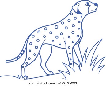 Elegant line art illustration of a spotted dog standing in grass, minimalist blue outline design perfect for pet-themed prints, logos, wallpapers, greeting cards, and decorative modern artwork.