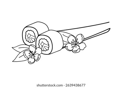 Elegant line art illustration of sushi rolls with sakura flowers and chopsticks