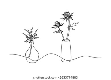 Elegant line art illustration of thistle flowers in minimalist vases on a white background