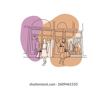 Elegant line art illustration of two man or women shopping on Black Friday. set of black and white icons perfectly captures the essence of Black Friday shopping. Hand-drawn Black Friday Shopping Icons