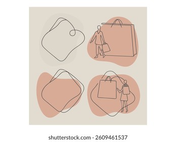 Elegant line art illustration of two man or women shopping on Black Friday. set of black and white icons perfectly captures the essence of Black Friday shopping. Hand-drawn Black Friday Shopping Icons