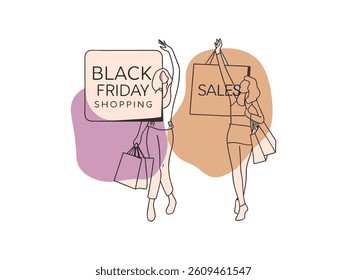 Elegant line art illustration of two man or women shopping on Black Friday. set of black and white icons perfectly captures the essence of Black Friday shopping. Hand-drawn Black Friday Shopping Icons