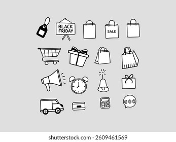 Elegant line art illustration of two man or women shopping on Black Friday. set of black and white icons perfectly captures the essence of Black Friday shopping. Hand-drawn Black Friday Shopping Icons