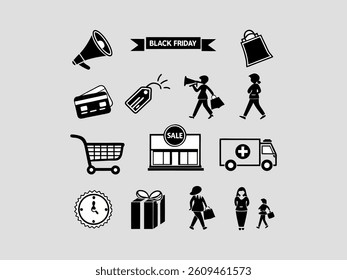 Elegant line art illustration of two man or women shopping on Black Friday. set of black and white icons perfectly captures the essence of Black Friday shopping. Hand-drawn Black Friday Shopping Icons
