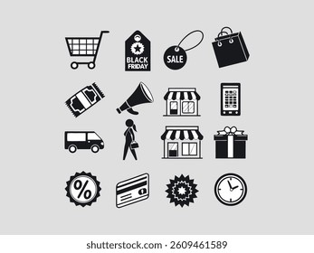 Elegant line art illustration of two man or women shopping on Black Friday. set of black and white icons perfectly captures the essence of Black Friday shopping. Hand-drawn Black Friday Shopping Icons