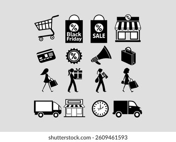 Elegant line art illustration of two man or women shopping on Black Friday. set of black and white icons perfectly captures the essence of Black Friday shopping. Hand-drawn Black Friday Shopping Icons