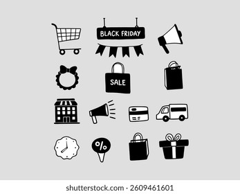 Elegant line art illustration of two man or women shopping on Black Friday. set of black and white icons perfectly captures the essence of Black Friday shopping. Hand-drawn Black Friday Shopping Icons