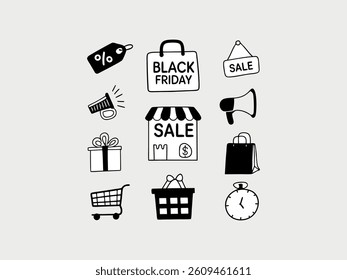 Elegant line art illustration of two man or women shopping on Black Friday. set of black and white icons perfectly captures the essence of Black Friday shopping. Hand-drawn Black Friday Shopping Icons