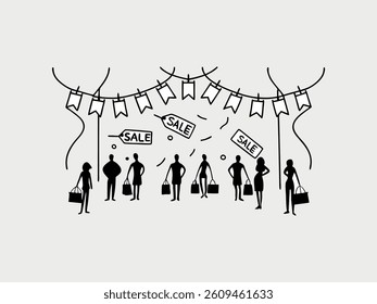 Elegant line art illustration of two man or women shopping on Black Friday. set of black and white icons perfectly captures the essence of Black Friday shopping. Hand-drawn Black Friday Shopping Icons