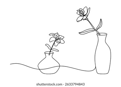 Elegant line art illustration of two flowers in vases on white background