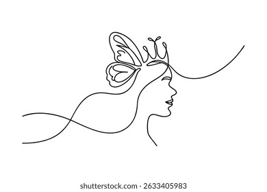 Elegant line art illustration of a woman with butterfly wing and crown design