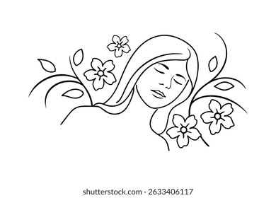 Elegant line art illustration of a woman with closed eyes and floral elements on white background