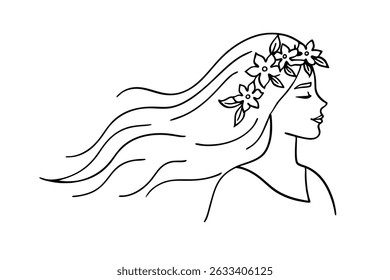 Elegant line art illustration of a woman with flowing hair and a floral crown