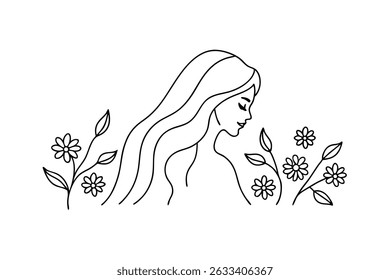 Elegant line art illustration of a woman with long hair and floral elements