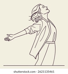 Elegant line art of a joyful woman with open arms and head tilted back, symbolizing freedom, happiness, and confidence. Ideal for wellness, lifestyle, and inspirational content.