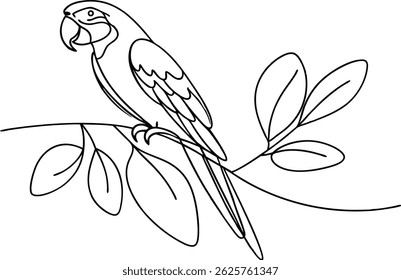 Elegant Line Art Of A Parrot Perched On Branch With Leaves Illustration