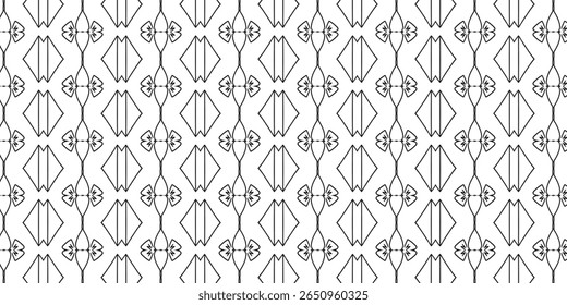 Elegante padrão de arte de linha com gravata borboleta simétrica e formas de diamante em uma paleta de preto e branco limpo. Ótimo para papéis de parede, tecidos ou fundos digitais. Padrão, Perfeito, Lineart, Simetria