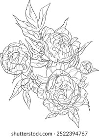 Elegant line art peonies. Flower bouquets. Trendy floral illustration of  branches, leaves, flowers. Vector elements for logo, invitation cards, save the date,  tattoo.