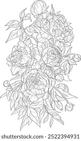 Elegant line art peonies. Flower bouquets. Trendy floral illustration of  branches, leaves, flowers. Vector elements for logo, invitation cards, save the date,  tattoo.