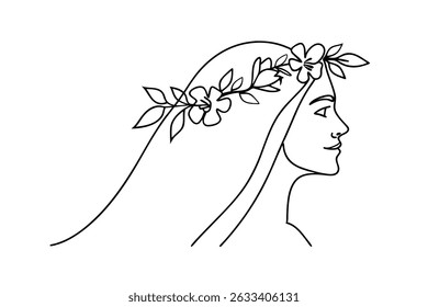 Elegant line art portrait of a woman with floral crown in profile view