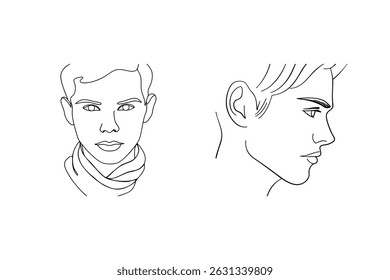 Elegant line art portrait of a young man featuring front and profile view