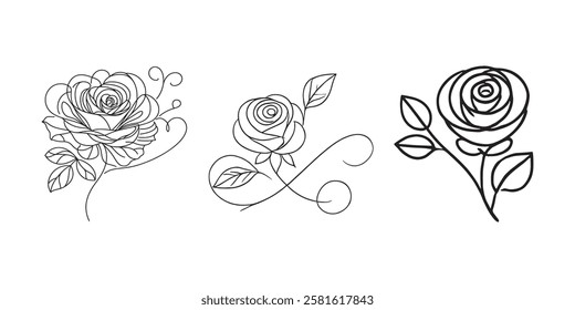Elegant line art rose illustration set and white background